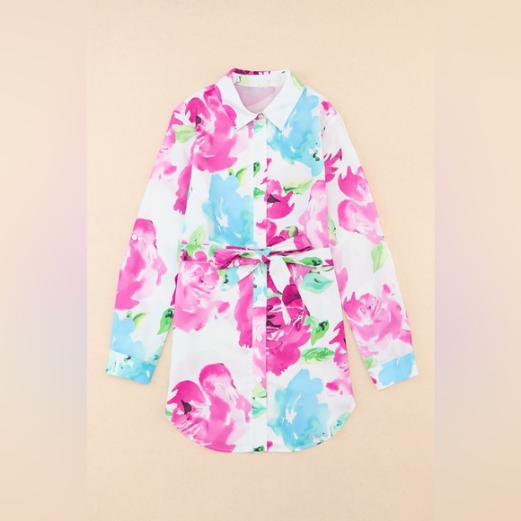 Carnation Pink Printed Button Up Tie Waist Shirt - Picture 6 of 6